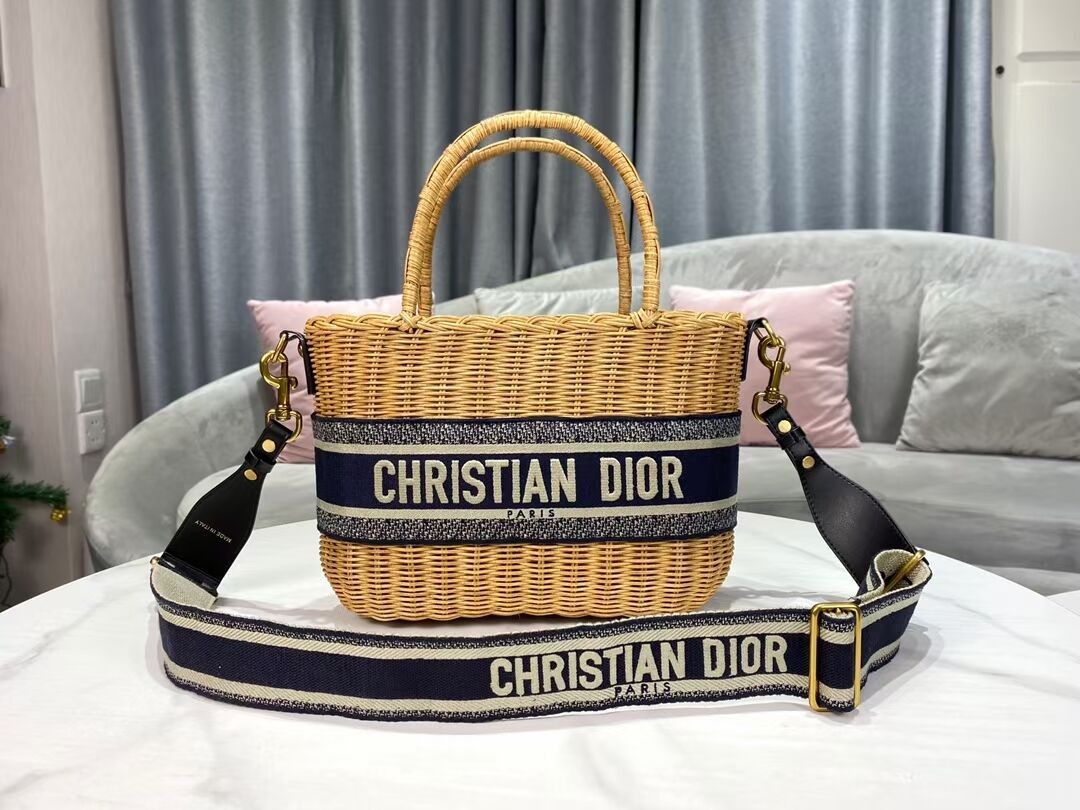 AAA 1:1 DIOR WICKER BASKET BAG Blue Dior Oblique Jacquard and Natural Wicker M7601 JH06784IL96