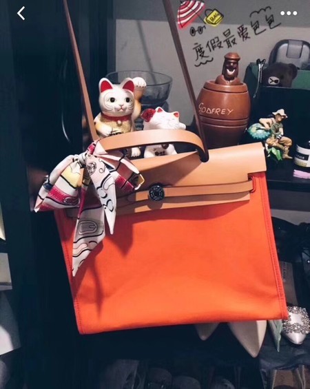 AAA 1:1 Hermes original canvas&calfskin leather herbag H45987 orange with brown JH01597WE81
