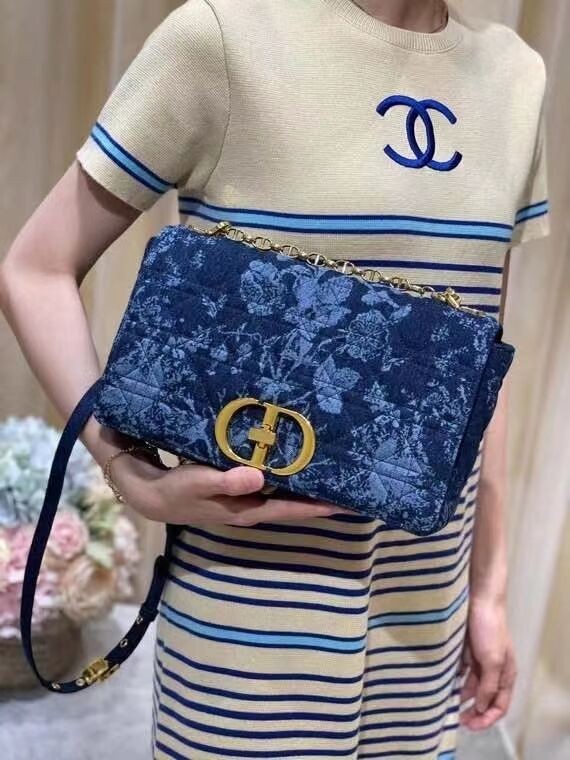 AAA LARGE DIOR CARO BAG Blue Dior Flowers Cannage Denim M9243UJ JH06737pL24