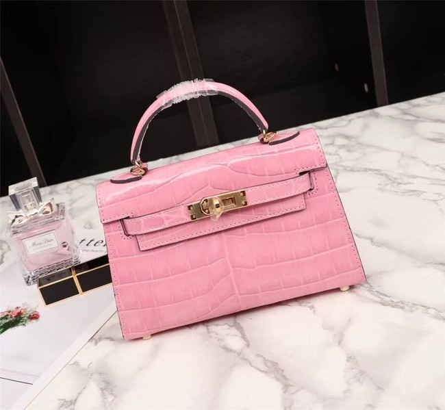 AAAAA Knockoff Hermes Kelly 19cm Tote Bag crocodile Leather KL19 pink JH01478qN39