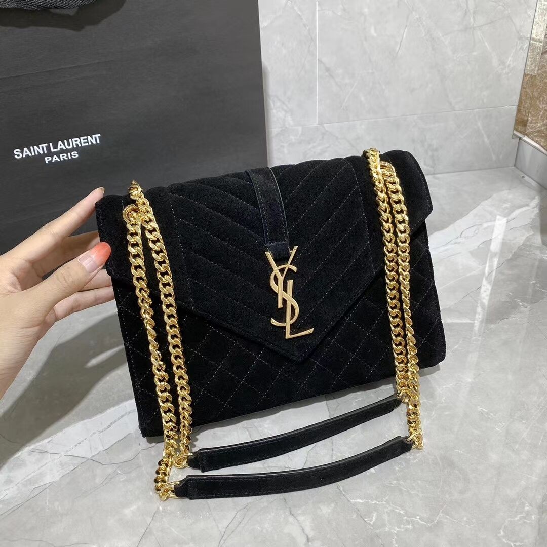 AAAAA Knockoff YSL ENVELOPPE MEDIUM BAG IN MIX MATELASSE GRAIN DE POUDRE EMBOSSED IN SUEDE Y487206 black JH07738qN39