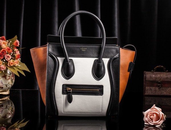 Celine Luggage Tote Bag Original Leather 3308 White&Black&Brown JH06359fY84