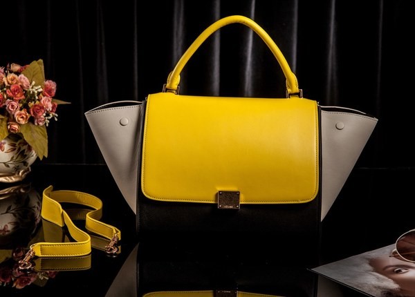 Celine Trapeze Bag Original Leather 3342 Yellow&Black&OffWhite JH06357iZ32