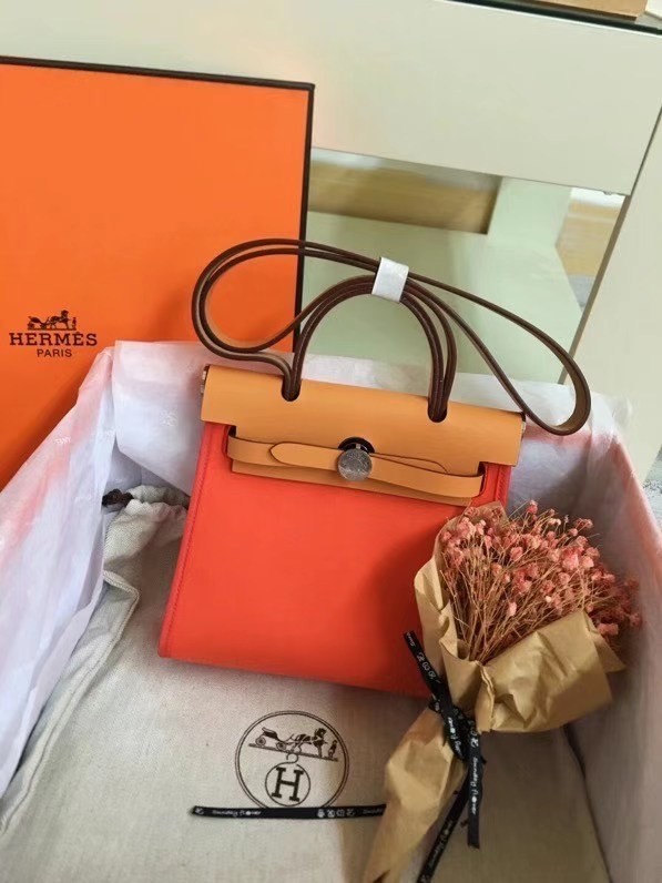 Copy Hermes mini Herbag Original Canvas Leather & Calfskin 45987 orange&brown JH01185RZ88
