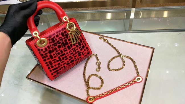 Copy MINI LADY DIOR BAG WITH CHAIN IN RED SMOOTH CALFSKIN EMBROIDERED WITH A MOSAIC OF MIRRORS M0598 JH07462Ea94