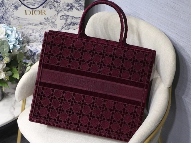 DIOR BOOK TOTE Burgundy Cannage Embroidered Velvet M1286Z JH06887Bz34