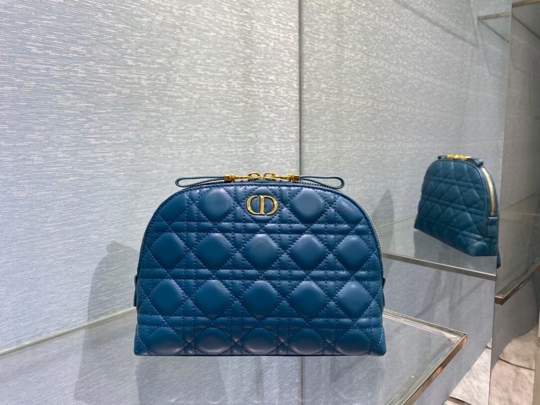 DIOR CARO BEAUTY POUCH Cannage Lambskin S5047 Blue JH06751Au34
