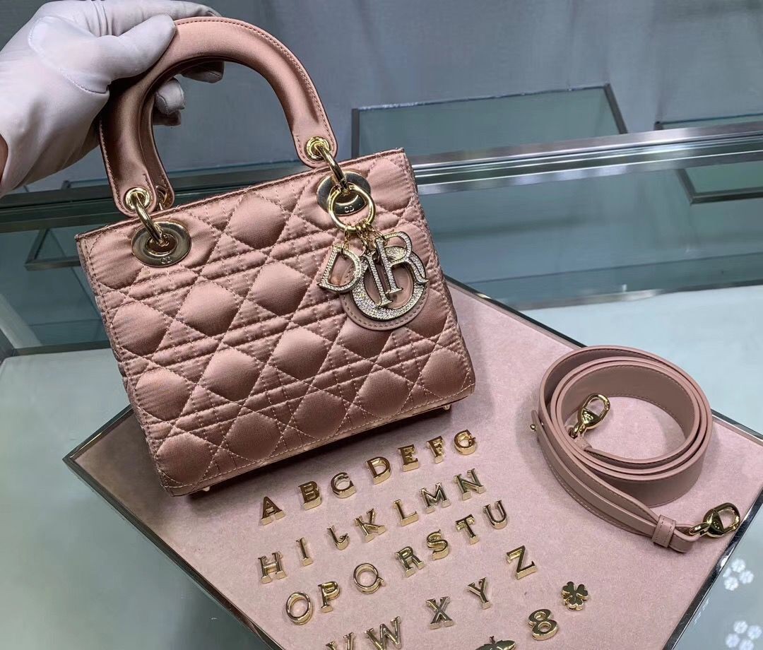 Dior Lady Original Silk Pink Bag 2369 Diamond Gold JH07239Qa65