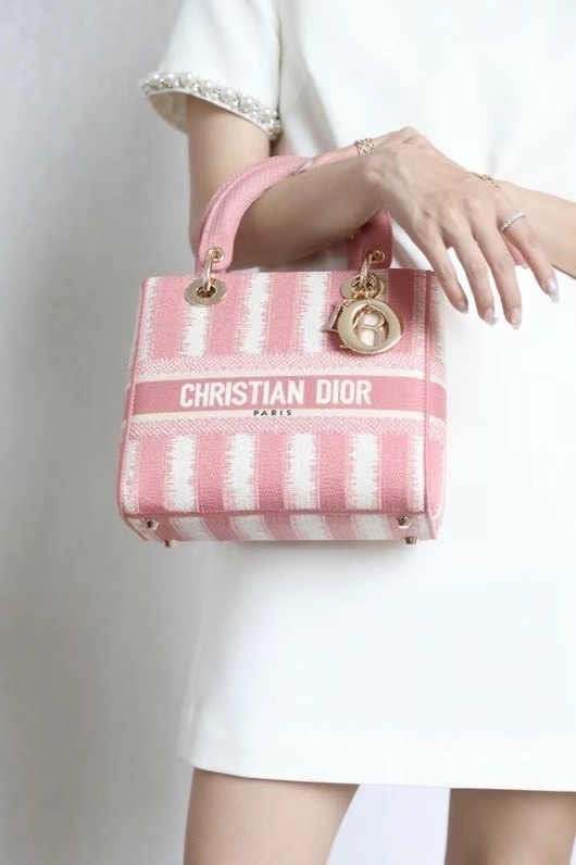 DIOR MEDIUM LADY D-LITE BAG Pink D-Stripes Embroidery M0565 JH06781qT25