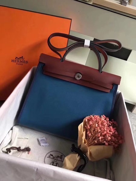 Hermes original canvas&calfskin leather herbag H45987 blue with wine JH01596cP15