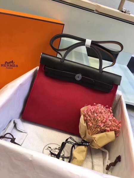Hermes original canvas&calfskin leather herbag H45987 rose with black JH01591UZ79