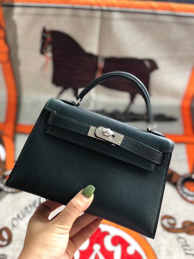 Hermes original mini Kelly chevre mysore K19CM Blackish green&silver Metal JH01269eW69