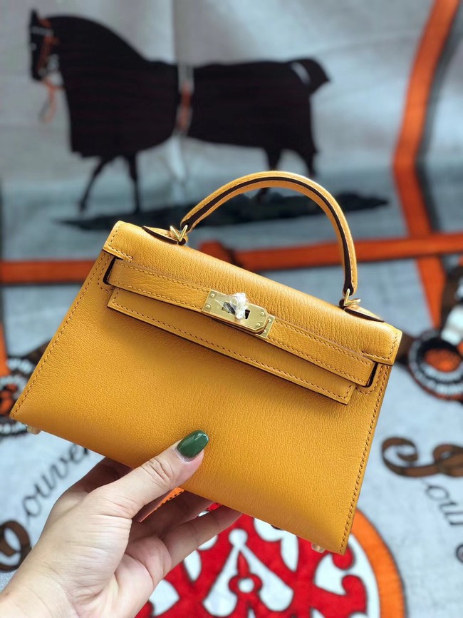 Hermes original mini Kelly chevre mysore K19CM Mango yellow&Gold Metal JH01274Fa12