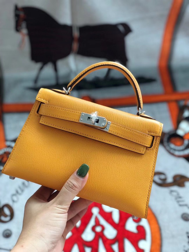 Hermes original mini Kelly chevre mysore K19CM Mango yellow&silver Metal JH01273sj48