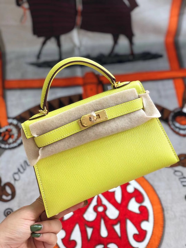 Hermes original mini Kelly chevre mysore K19CM yellow&Gold Metal JH01288JC57