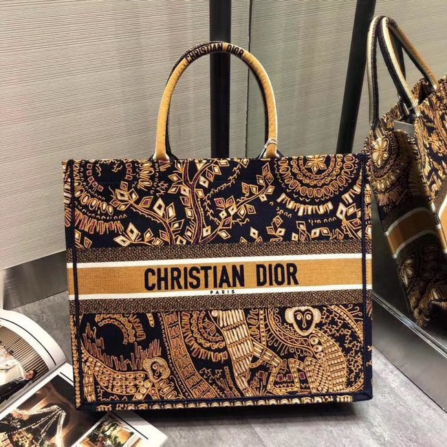 High Quality Fake ORANGE AND BLACK DIOR BOOK TOTE DIOR ANIMALS EMBROIDERED CANVAS BAG M747 JH07061nD19