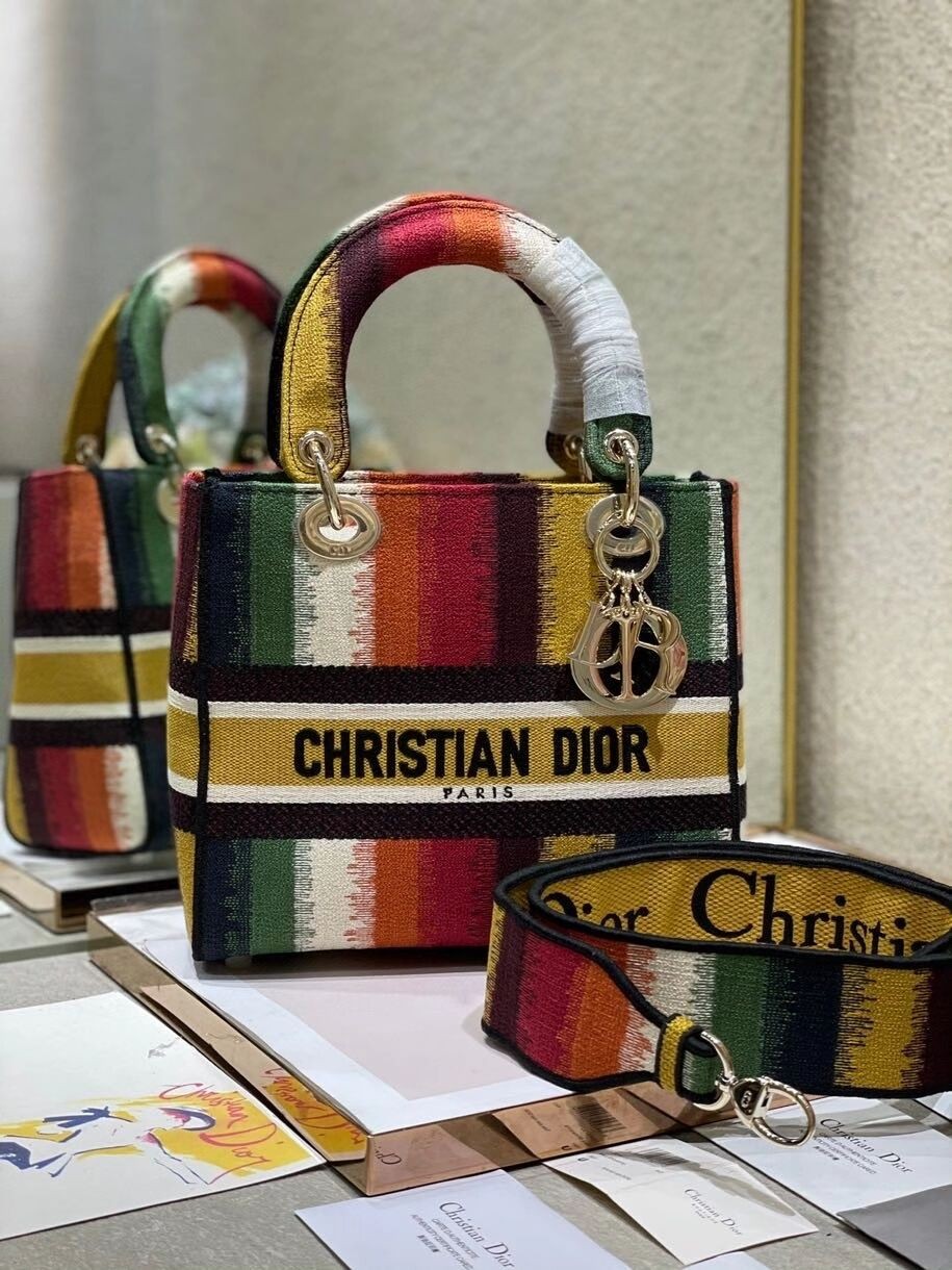 High Quality MEDIUM LADY D-LITE BAG Multicolor D-Stripes Embroidery M0565ORFQ JH06700GY92