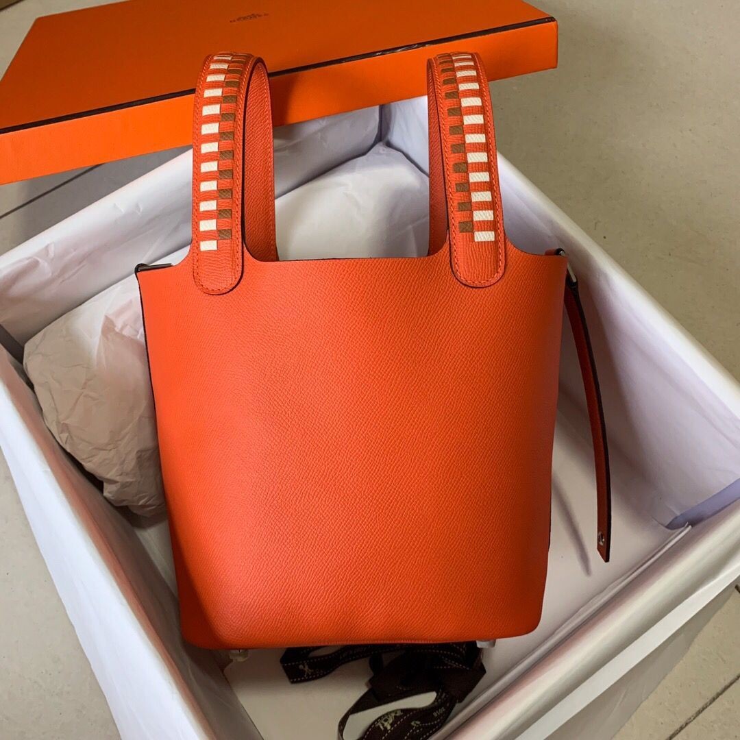 Hot Hermes Picotin Lock PM Taurillon Epsom Leather Orange 9809 Silver JH01348Ho45