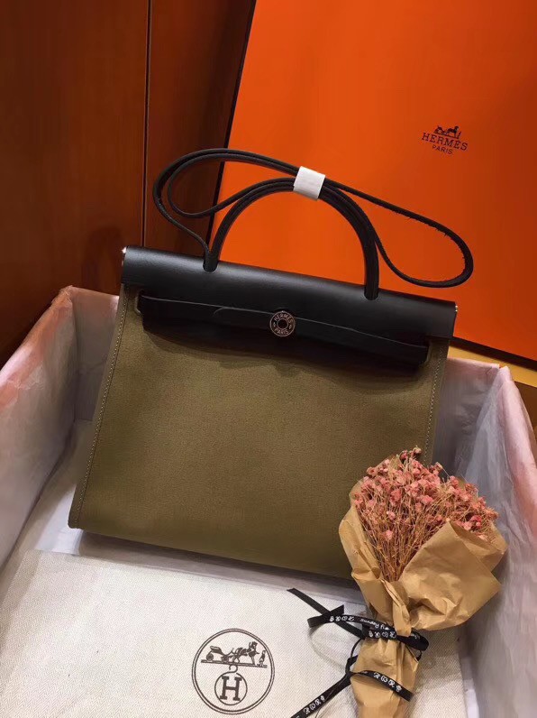 Imitation Cheap Hermes Herbag 31CM Original Canvas Leather & Calfskin 45987 green&Black JH01236wG78