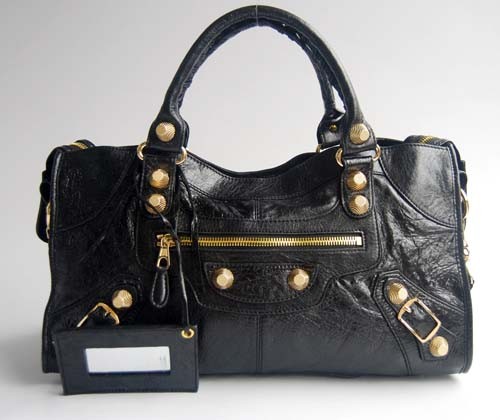 Knockoff Top balenciaga overnight motorcycle saddle bag 084328B (black big gold rivets) JH09495ZM75