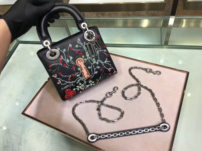MINI LADY DIOR BAG IN BLACK SMOOTH CALFSKIN EMBROIDERED M920 JH07480qa98