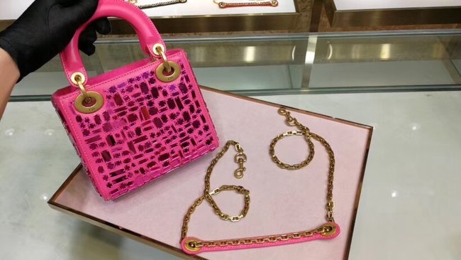 MINI LADY DIOR BAG WITH CHAIN SMOOTH CALFSKIN EMBROIDERED WITH A MOSAIC OF MIRRORS M0598 rose JH07459EW49