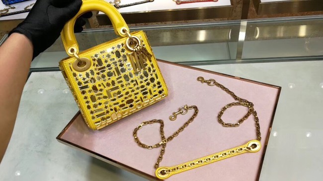 Replica MINI LADY DIOR BAG WITH CHAIN SMOOTH CALFSKIN EMBROIDERED WITH A MOSAIC OF MIRRORS M0598 yellow JH07461bO20