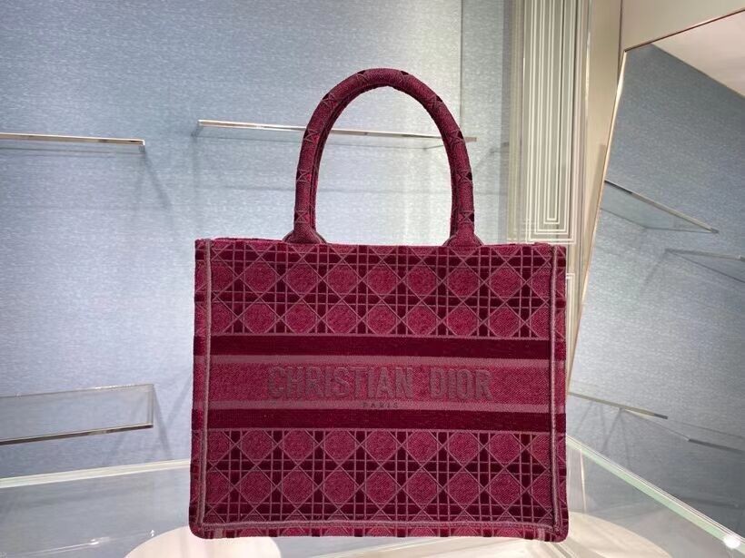 Replica SMALL DIOR BOOK TOTE Burgundy Cannage Embroidered Velvet M1287Z JH06860kq23