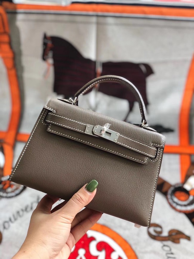 Top Imitation Hermes original mini Kelly chevre mysore K19CM grey&silver Metal JH01278EE80