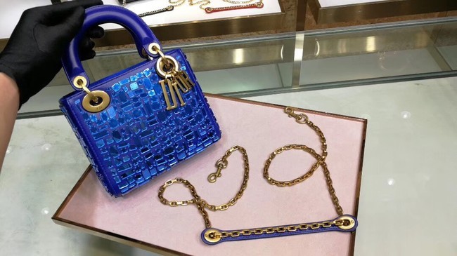 Top MINI LADY DIOR BAG WITH CHAIN SMOOTH CALFSKIN EMBROIDERED WITH A MOSAIC OF MIRRORS M0598 blue JH07460aw17