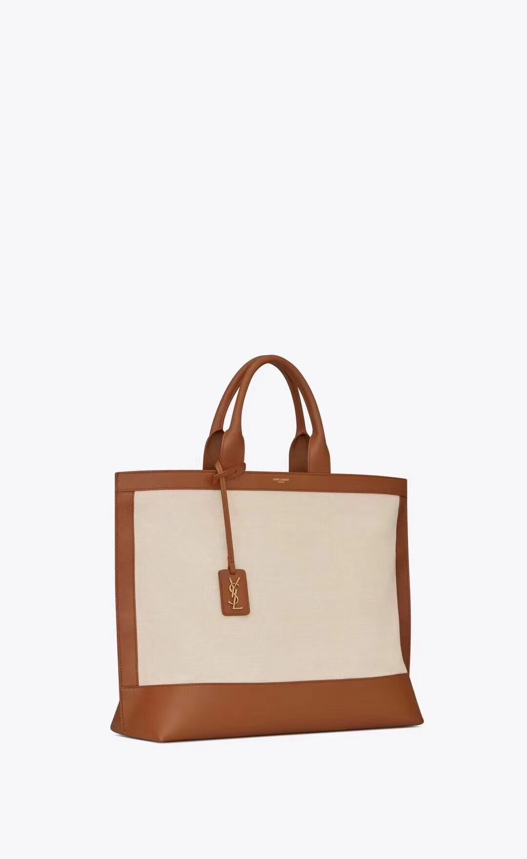 Yves Saint Laurent SHOPPING TAG IN CANVAS AND LEATHER Y615719 brown&white JH07750VQ41