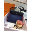Hot Hermes original canvas&calfskin leather herbag H45987 dark blue with black JH01584DJ96