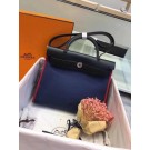 Hot Hermes original canvas&calfskin leather herbag H45987 dark blue with black JH01584DJ96