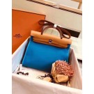 Replica Hermes original canvas&calfskin leather herbag H45987 blue with apricot JH01595XB19