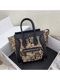 CELINE MICRO LUGGAGE BAG IN FLORAL JACQUARD AND CALFSKIN 167793 BLACK JH05803gK59