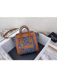 CELINE NANO LUGGAGE BAG IN FLORAL JACQUARD AND CALFSKIN 189242 TAN&BLUE JH05797JB76