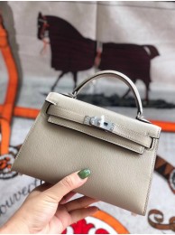 Copy Best Hermes original mini Kelly chevre mysore K19CM light grey&silver Metal JH01265Xd42