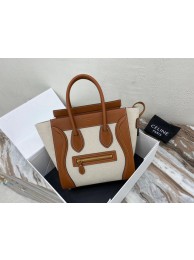 Fake CELINE MICRO LUGGAGE HANDBAG IN TEXTILE AND CALFSKIN 167793 TAN&WHITE JH05804tZ32