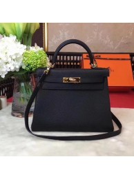 Fake Hermes Kelly 32cm Shoulder Bag TOGO Leather KY32 Black Gold JH01409ET36