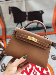 Hermes original mini Kelly chevre mysore K19CM brown&Gold Metal JH01268fN93