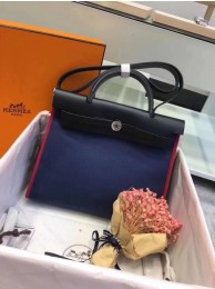 Hot Hermes original canvas&calfskin leather herbag H45987 dark blue with black JH01584DJ96