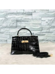 Imitation 1:1 Hermes Kelly 19cm Tote Bag crocodile Leather KL19 Black JH01355LT32