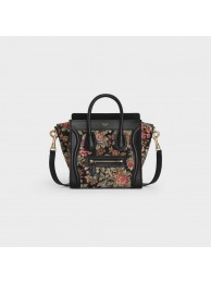 Imitation CELINE NANO LUGGAGE BAG IN FLORAL JACQUARD AND CALFSKIN 189242 BLACK JH05800PU57