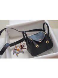 Knockoff Top Hermes mini Lindy Togo Leather Bag LD19 black&gold-Tone Metal JH01235wV33