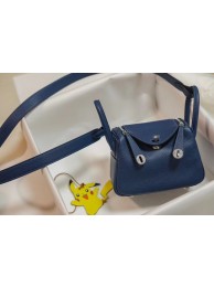 Replica Hermes mini Lindy Togo Leather Bag LD19 blue&Silver-Tone Metal JH01228BL42