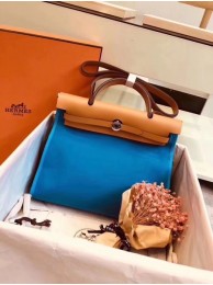 Replica Hermes original canvas&calfskin leather herbag H45987 blue with apricot JH01595XB19